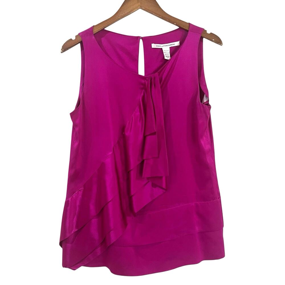 Diane Von Furstenberg Ruffled Caboney 100% Silk Top Blouse Size 6 Pink Fuchsia